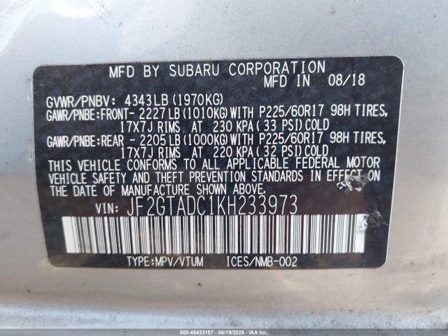 Продажа на аукционе авто 2019 Subaru Crosstrek 2.0i Premium, vin: JF2GTADC1KH233973, номер лота: 45423157