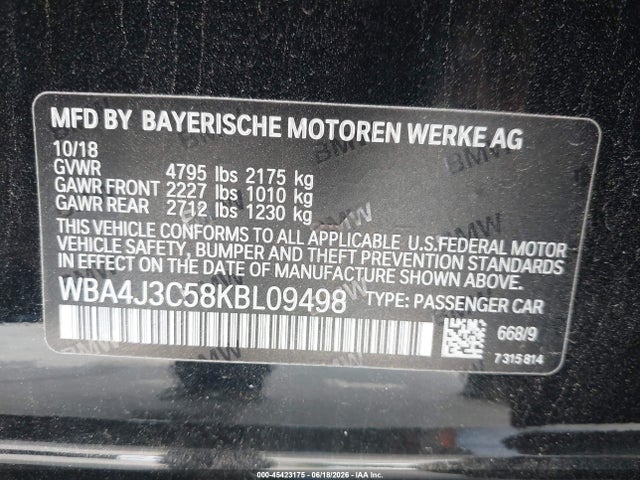2019 Bmw 430i Gran Coupe Xdrive მანქანა იყიდება აუქციონზე, vin: WBA4J3C58KBL09498, აუქციონის ნომერი: 45423175