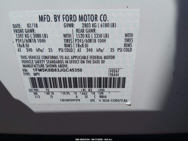 1FM5K8B83JGC45350 Ford Explorer