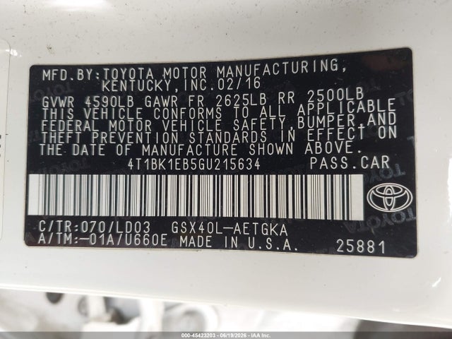 Продаж на аукціоні авто 2016 Toyota Avalon Xle, vin: 4T1BK1EB5GU215634, номер лоту: 45423203