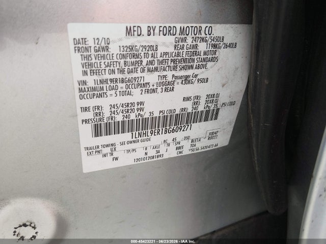2011 Lincoln Mks მანქანა იყიდება აუქციონზე, vin: 1LNHL9ER1BG609271, აუქციონის ნომერი: 45423221