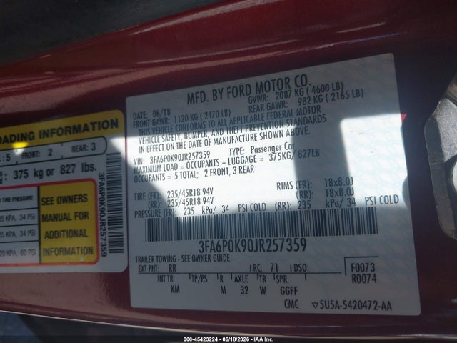 Ford Fusion Titanium 2018 3FA6P0K90JR257359 Image 9