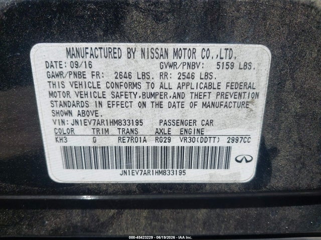 2017 Infiniti Q50 3.0t Premium მანქანა იყიდება აუქციონზე, vin: JN1EV7AR1HM833195, აუქციონის ნომერი: 45423229
