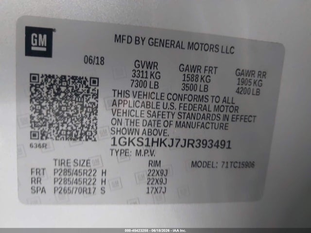 Aukcja sprzedaży 2018 Gmc Yukon Xl Denali, vin: 1GKS1HKJ7JR393491, numer aukcji: 45423258