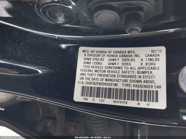 Aukcja sprzedaży 2013 Honda Civic Ex, vin: 2HGFB2F82DH533189, numer aukcji: 45423286