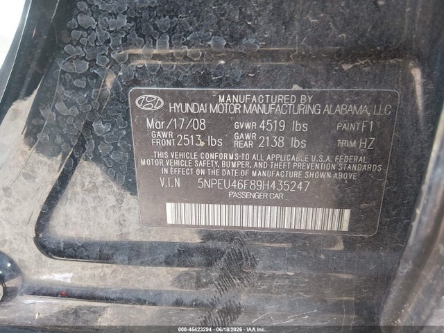 Продаж на аукціоні авто 2009 Hyundai Sonata Se V6, vin: 5NPEU46F89H435247, номер лоту: 45423294