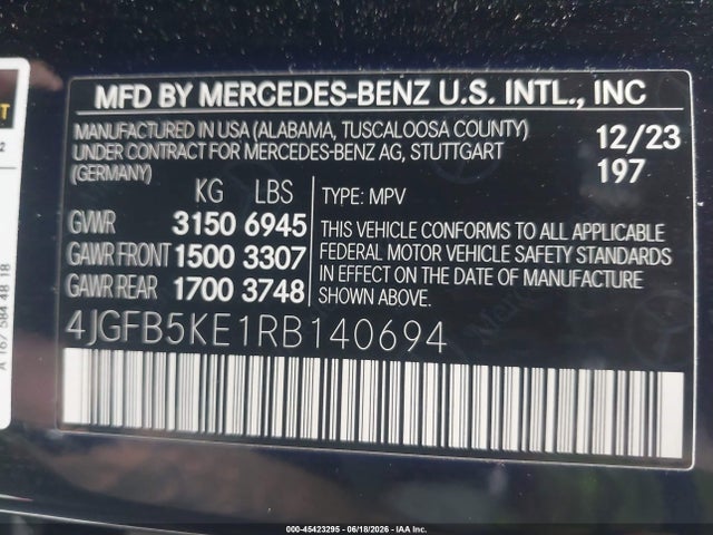 2024 Mercedes-benz Gle 450 4matic მანქანა იყიდება აუქციონზე, vin: 4JGFB5KE1RB140694, აუქციონის ნომერი: 45423295