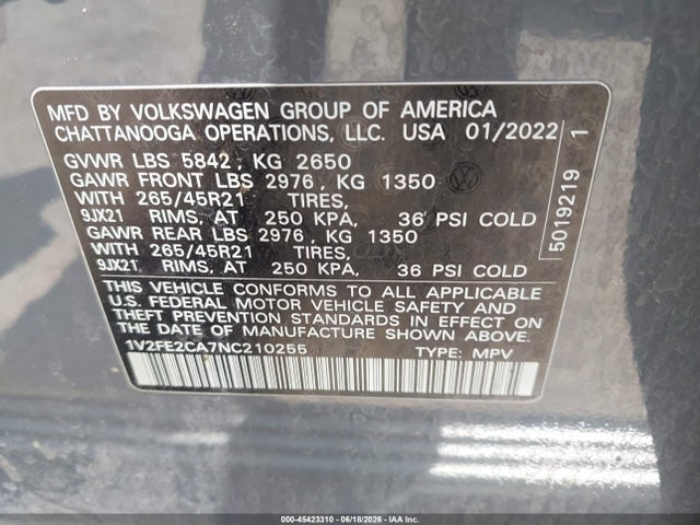 Auction sale of the 2022 Volkswagen Atlas Cross Sport 3.6l V6 Sel Premium R-line, vin: 1V2FE2CA7NC210255, lot number: 45423310
