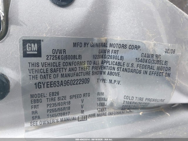 45423314 :رقم المزاد ، 1GYEE63A960222909 vin ، 2006 Cadillac Srx V8 مزاد بيع