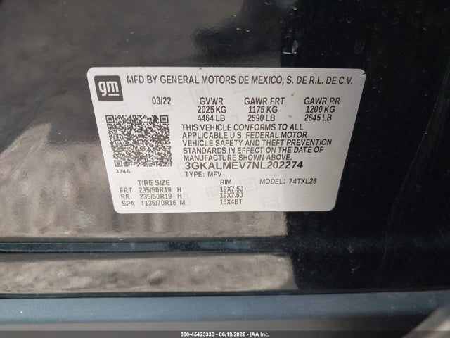 45423330 :رقم المزاد ، 3GKALMEV7NL202274 vin ، 2022 Gmc Terrain Fwd Sle مزاد بيع