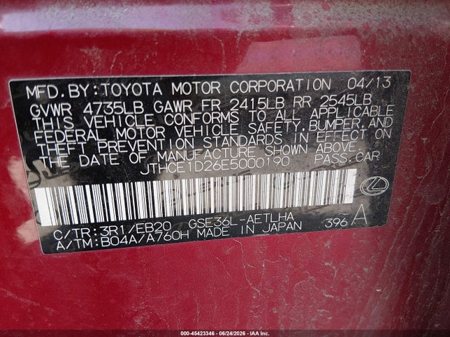 Aukcja sprzedaży 2014 Lexus Is 350, vin: JTHCE1D26E5000190, numer aukcji: 45423346