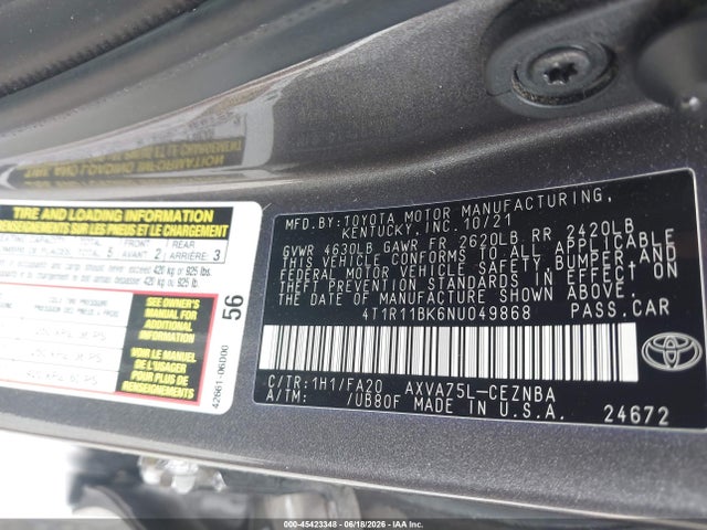 45423348 :رقم المزاد ، 4T1R11BK6NU049868 vin ، 2022 Toyota Camry Le Awd مزاد بيع