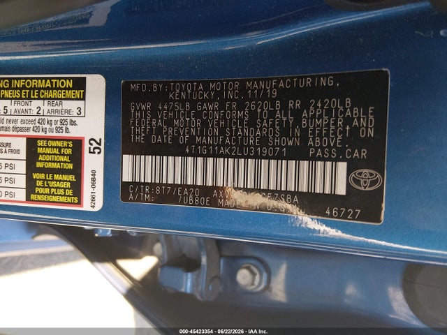 Toyota CAMRY SE 2020 4T1G11AK2LU319071 Image 9