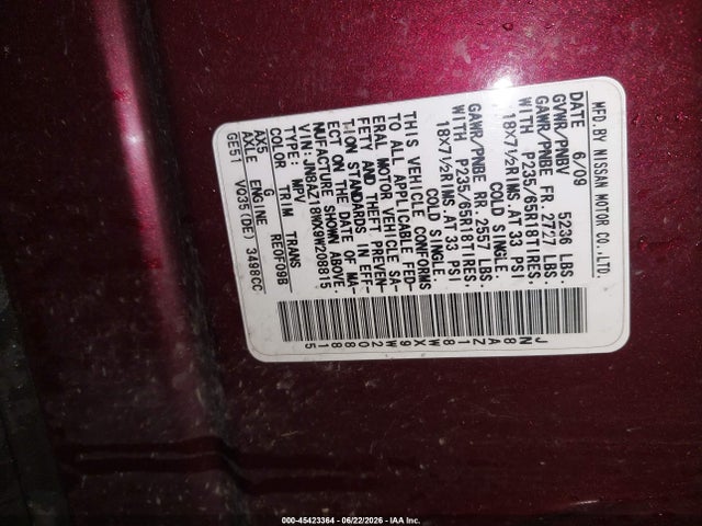 Продажа на аукционе авто 2009 Nissan Murano Sl, vin: JN8AZ18WX9W208815, номер лота: 45423364