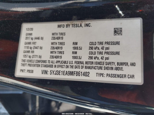 Tesla Model 3 Standard Range Plus Rear-wheel Drive 2021 5YJ3E1EA9MF861402 Image 9