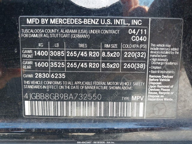 Aukcja sprzedaży 2011 Mercedes-benz Ml 350 4matic, vin: 4JGBB8GB9BA732550, numer aukcji: 45423407