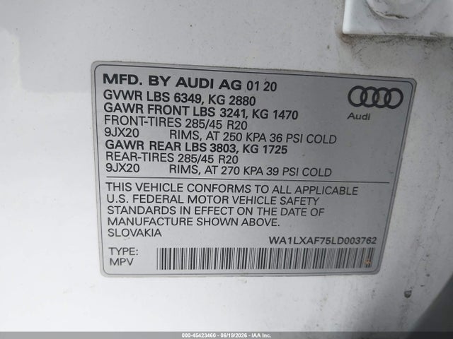 Aukcja sprzedaży 2020 Audi Q7 Premium Plus 55 Tfsi Quattro Tiptronic, vin: WA1LXAF75LD003762, numer aukcji: 45423460