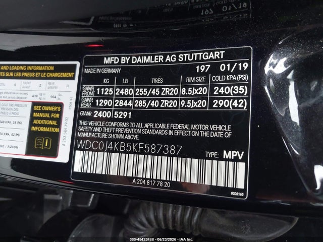 Aukcja sprzedaży 2019 Mercedes-benz Glc 300 Coupe 4matic, vin: WDC0J4KB5KF587387, numer aukcji: 45423488