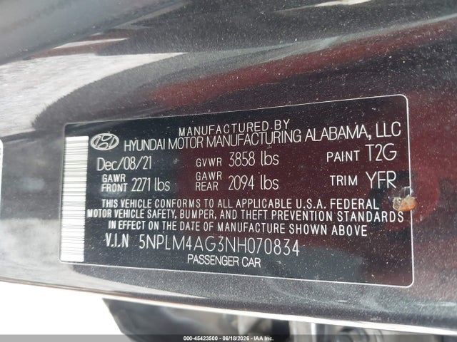 2022 Hyundai Elantra Sel მანქანა იყიდება აუქციონზე, vin: 5NPLM4AG3NH070834, აუქციონის ნომერი: 45423500