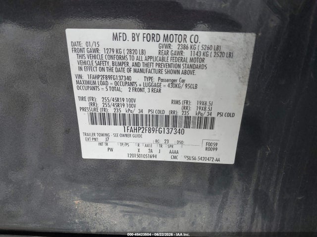 Ford Taurus Limited 2015 1FAHP2F89FG137340 Image 9
