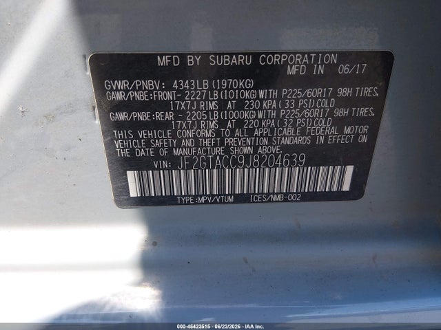 JF2GTACC9J8204639 Subaru Crosstrek 2.0i Premium