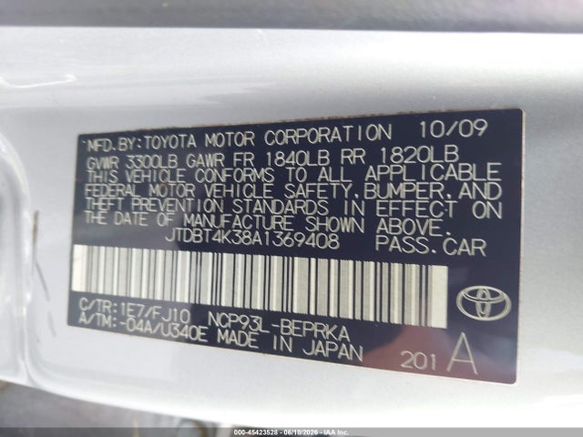 Продаж на аукціоні авто 2010 Toyota Yaris, vin: JTDBT4K38A1369408, номер лоту: 45423528
