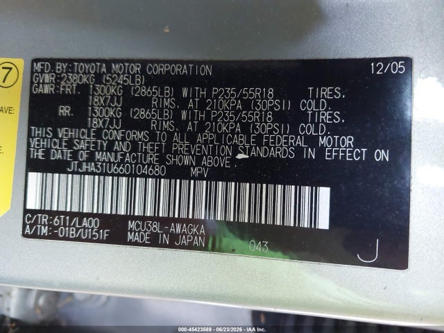 45423569 :رقم المزاد ، JTJHA31U660104680 vin ، 2006 Lexus Rx 330 مزاد بيع
