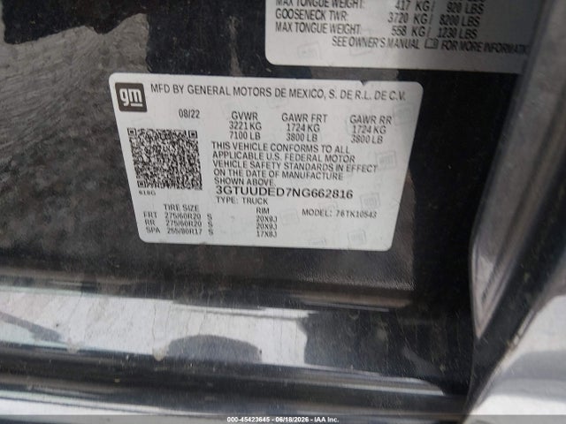 Auction sale of the 2022 Gmc Sierra 1500 4wd  Short Box Slt, vin: 3GTUUDED7NG662816, lot number: 45423645