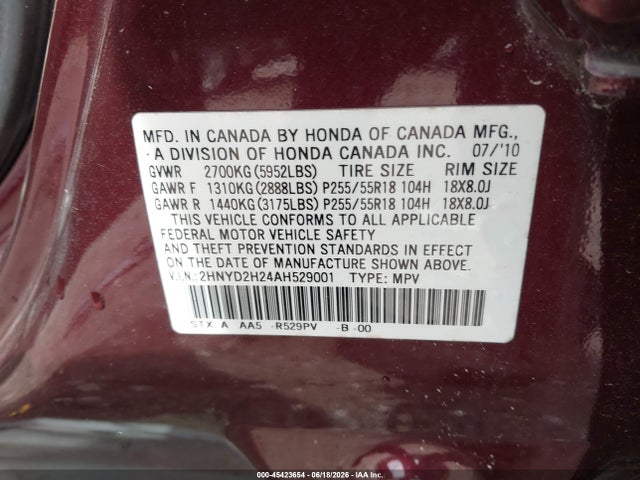 Aukcja sprzedaży 2010 Acura Mdx, vin: 2HNYD2H24AH529001, numer aukcji: 45423654