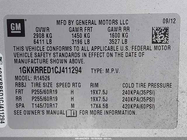 Aukcja sprzedaży 2012 Gmc Acadia Slt-1, vin: 1GKKRRED1CJ411294, numer aukcji: 45423670