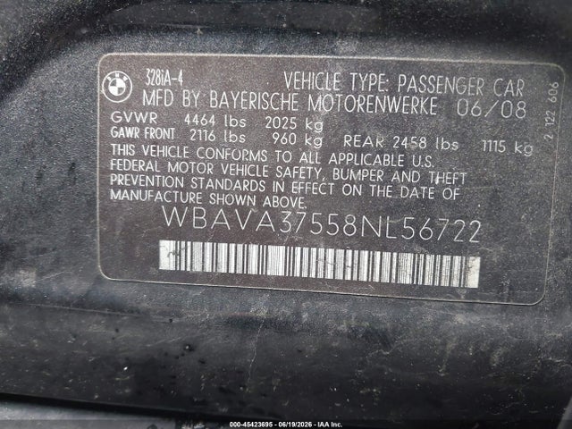 2008 Bmw 328i მანქანა იყიდება აუქციონზე, vin: WBAVA37558NL56722, აუქციონის ნომერი: 45423695