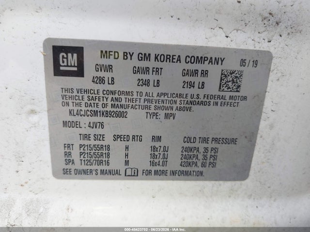 Aukcja sprzedaży 2019 Buick Encore Fwd Essence, vin: KL4CJCSM1KB926002, numer aukcji: 45423702