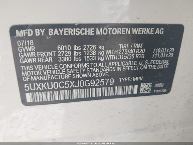 45423715 :رقم المزاد ، 5UXKU0C5XJ0G92579 vin ، 2018 Bmw X6 Sdrive35i مزاد بيع