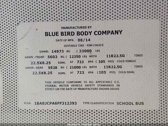 Blue Bird School Bus / Transit Bus 2015 1BABJCPA6FF312393 Image 9