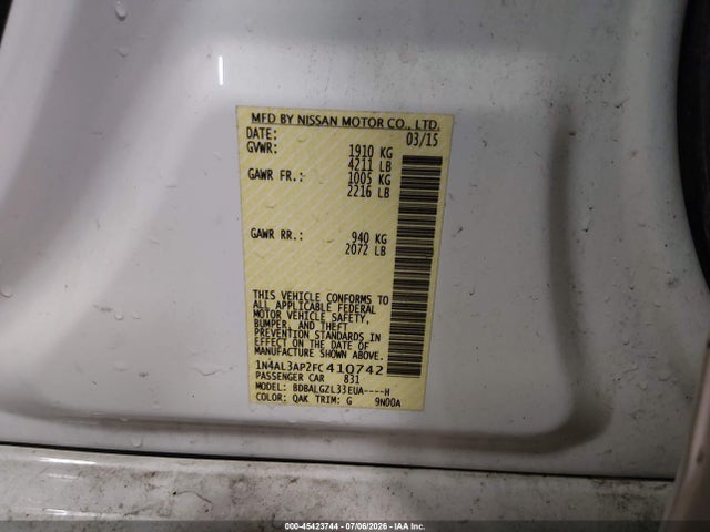 2015 Nissan Altima 2.5 S მანქანა იყიდება აუქციონზე, vin: 1N4AL3AP2FC410742, აუქციონის ნომერი: 45423744