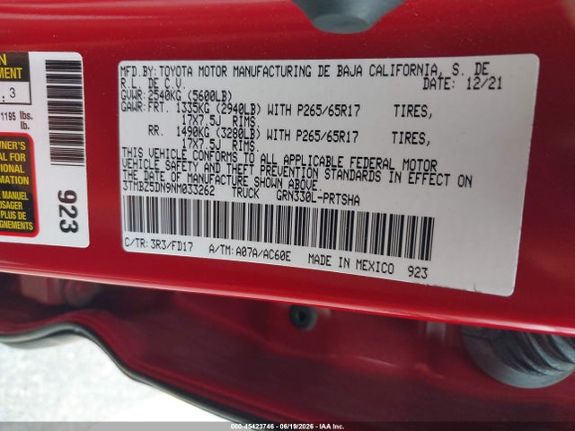 3TMBZ5DN9NM033262 Toyota Tacoma Trd Sport