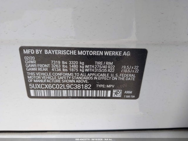 45423770 :رقم المزاد ، 5UXCX6C02L9C38182 vin ، 2020 Bmw X7 M50i مزاد بيع