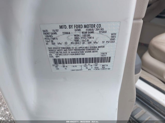 Продажа на аукционе авто 2008 Ford Escape Xlt, vin: 1FMCU03118KB85192, номер лота: 45423771