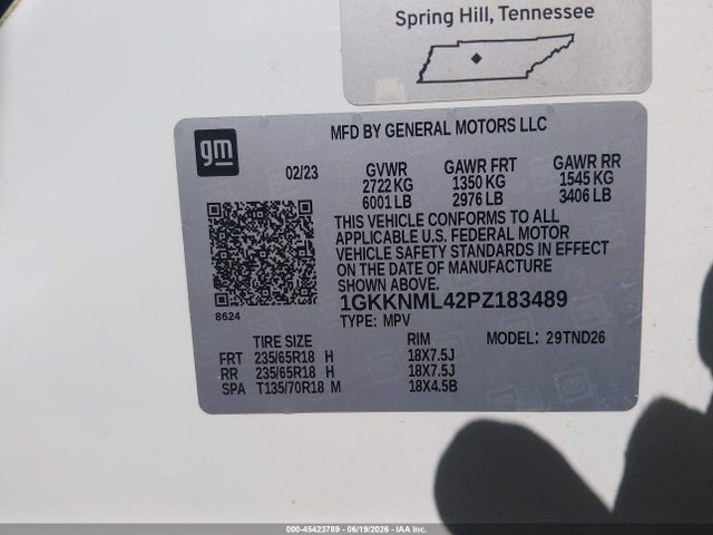 2023 Gmc Acadia Fwd Slt მანქანა იყიდება აუქციონზე, vin: 1GKKNML42PZ183489, აუქციონის ნომერი: 45423789