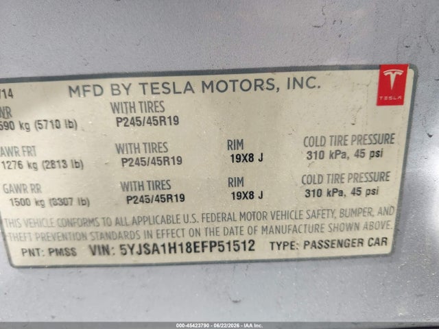 Aukcja sprzedaży 2014 Tesla Model S P85, vin: 5YJSA1H18EFP51512, numer aukcji: 45423790