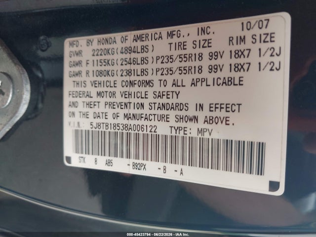 Auction sale of the 2008 Acura Rdx, vin: 5J8TB18538A006122, lot number: 45423794