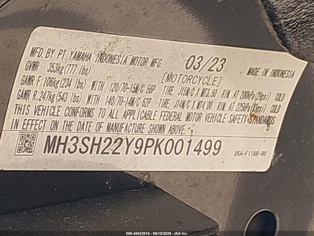 Продажа на аукционе авто 2023 Yamaha Czd300 A, vin: MH3SH22Y9PK001499, номер лота: 45423815