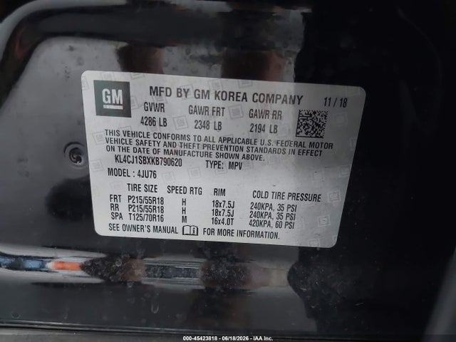 2019 Buick Encore Fwd Sport Touring მანქანა იყიდება აუქციონზე, vin: KL4CJ1SBXKB790620, აუქციონის ნომერი: 45423818