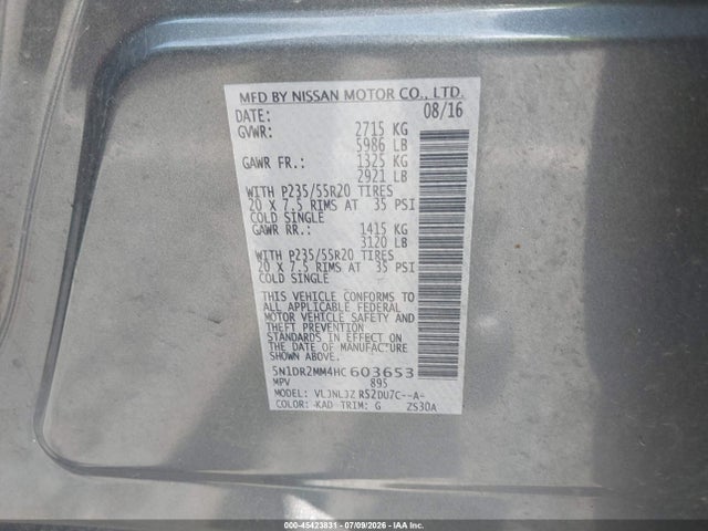 45423831 :رقم المزاد ، 5N1DR2MM4HC603653 vin ، 2017 Nissan Pathfinder Platinum مزاد بيع