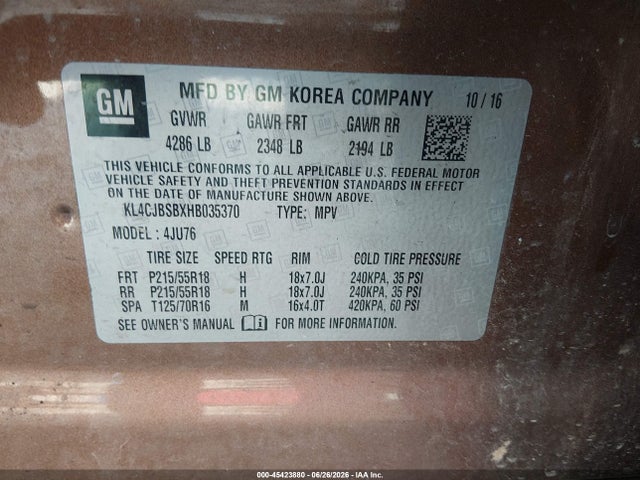 45423880 :رقم المزاد ، KL4CJBSBXHB035370 vin ، 2017 Buick Encore Preferred Ii مزاد بيع