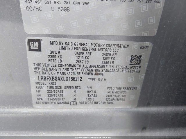 45423884 :رقم المزاد ، LRBFXBSAXLD156212 vin ، 2020 Buick Envision Fwd Preferred مزاد بيع