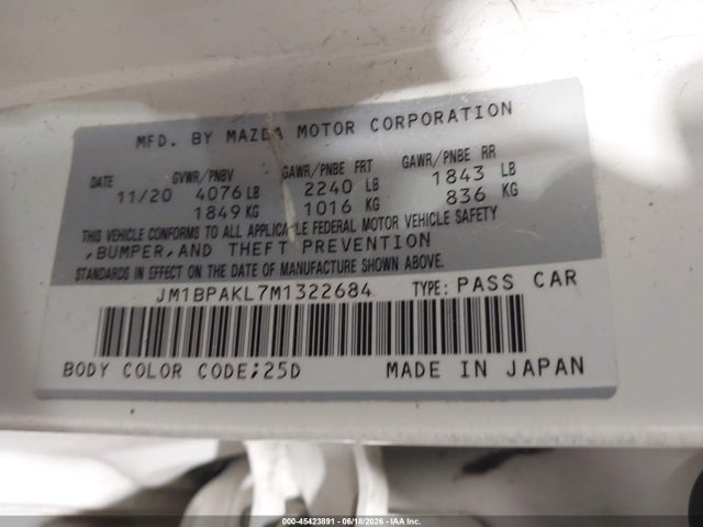 2021 Mazda Mazda3 Select მანქანა იყიდება აუქციონზე, vin: JM1BPAKL7M1322684, აუქციონის ნომერი: 45423891
