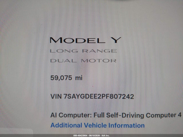Auction sale of the 2023 Tesla Model Y Awd/long Range Dual Motor All-wheel Drive, vin: 7SAYGDEE2PF807242, lot number: 45423904