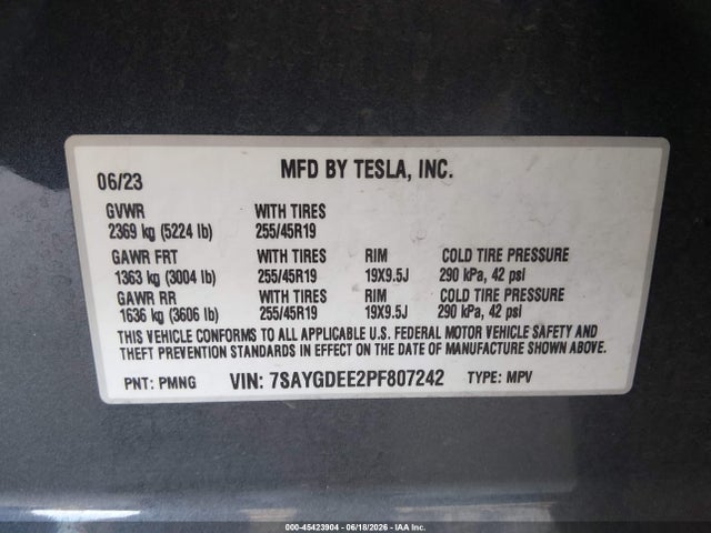 Auction sale of the 2023 Tesla Model Y Awd/long Range Dual Motor All-wheel Drive, vin: 7SAYGDEE2PF807242, lot number: 45423904