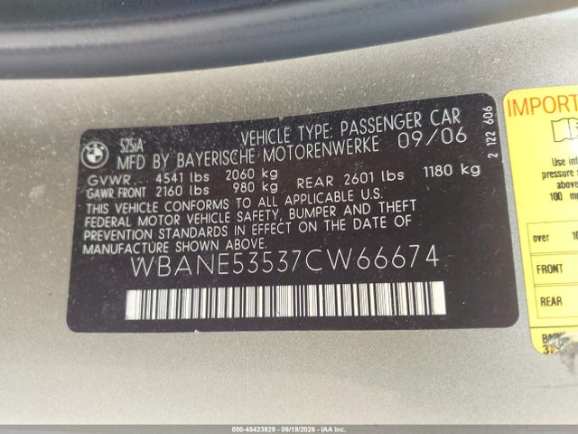 2007 Bmw 525i მანქანა იყიდება აუქციონზე, vin: WBANE53537CW66674, აუქციონის ნომერი: 45423929